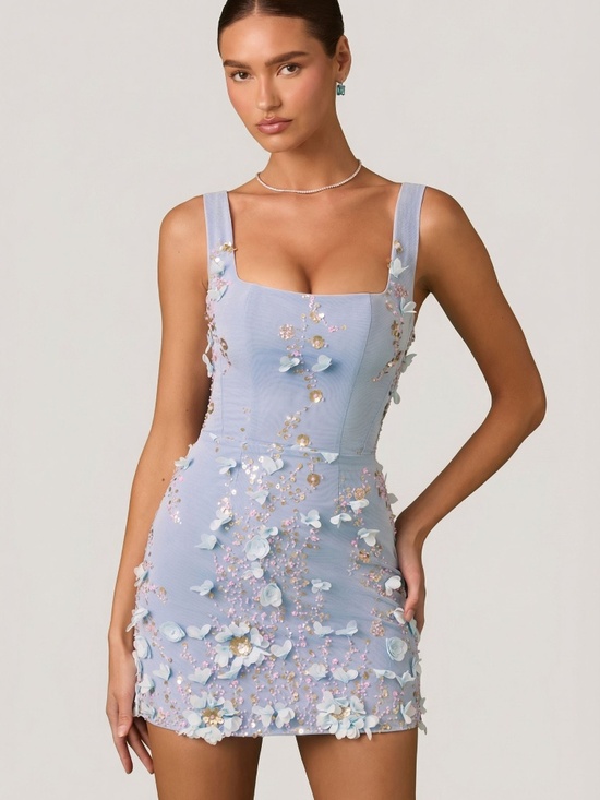 Oh Polly Dresses & Skirts - Oh Polly Embellished Appliqué Corset Mini Dress in Sky Blue 6